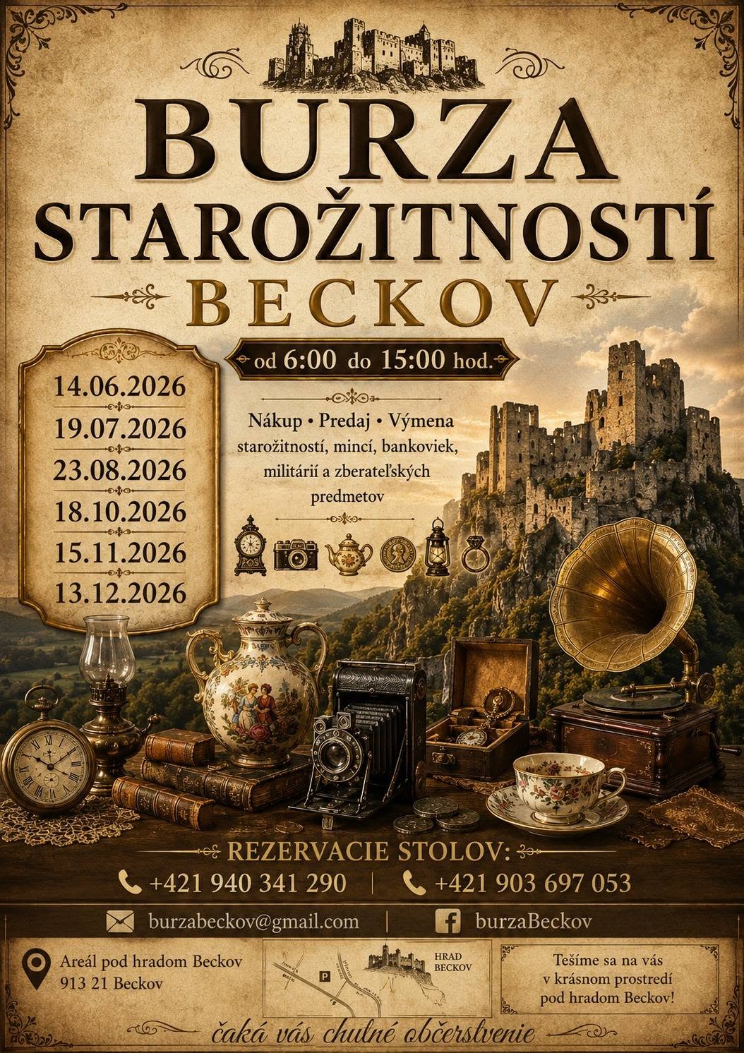 Burza starožitností Beckov 2026 v areáli pod hradom Beckov ponúkne starožitnosti, mince, bankovky, militárie a zberateľské predmety.