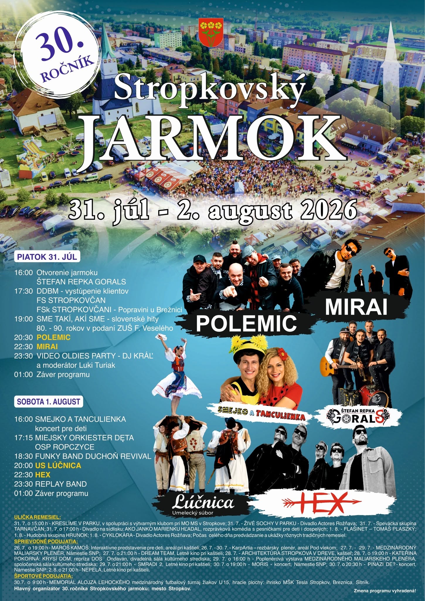 Stropkovský jarmok 2026 prinesie koncerty Polemic, Mirai, Lúčnica a Hex, folklór, remeslá, predajné stánky a sprievodný program.
