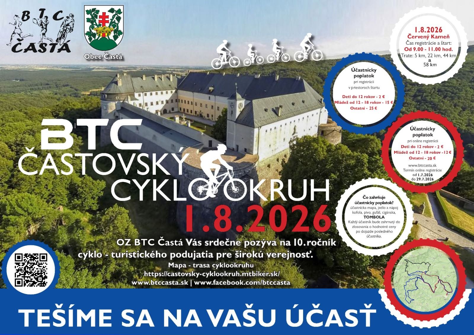 Častovský cyklookruh 2026 pri hrade Červený Kameň ponúkne trasy s dĺžkou 5, 22, 44 a 58 km, občerstvenie a tombolu.