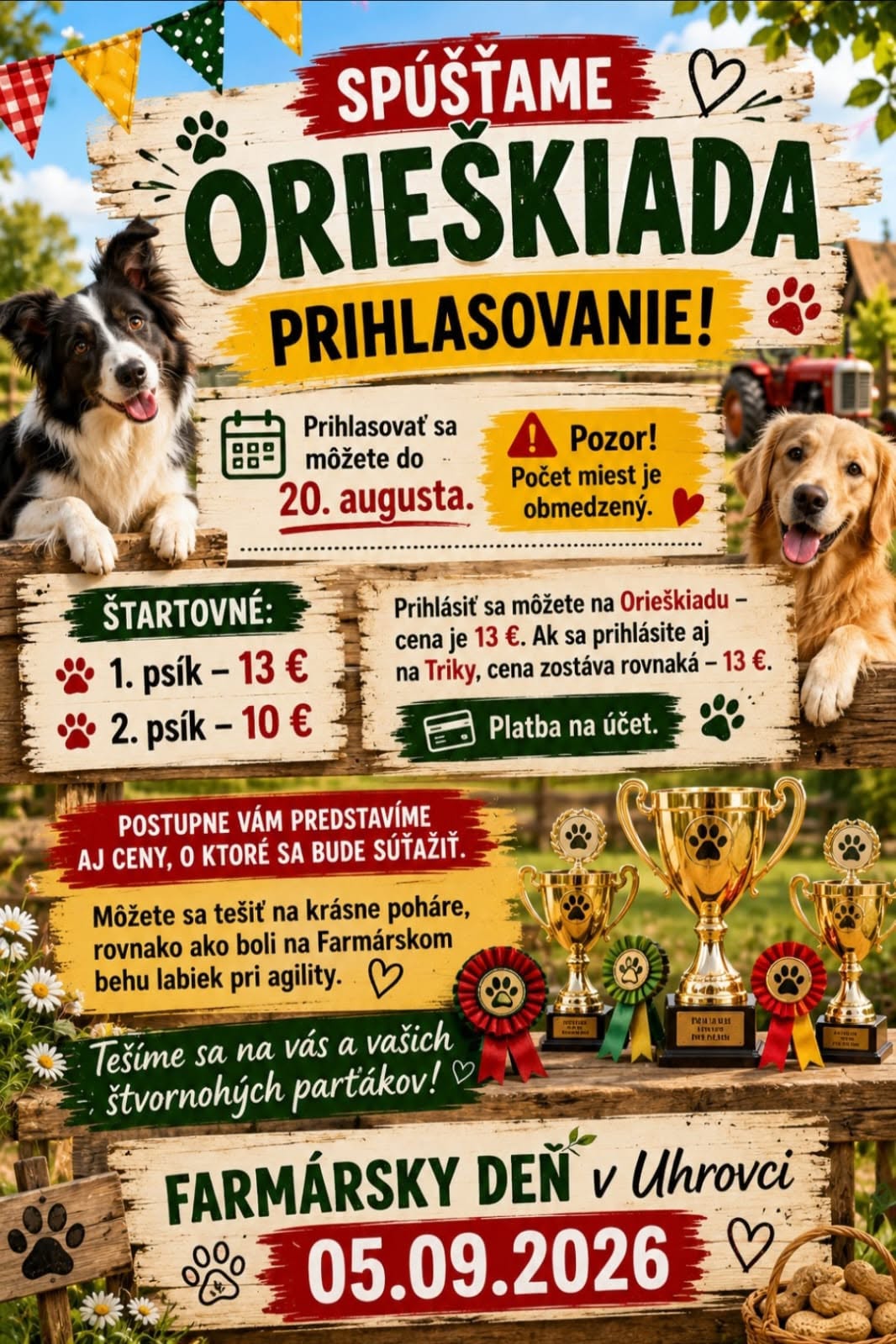 Orieškiada na Farmárskom dni 2026 vo Farme Milan v Uhrovci prinesie súťaž psíkov, kategóriu Triky, ocenenia a rodinnú atmosféru.