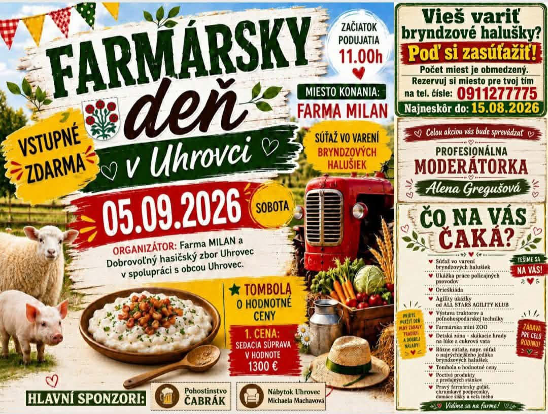Farmársky deň v Uhrovci 2026 prinesie súťaž vo varení bryndzových halušiek, traktory, zvieratá, agility, tombolu a rodinný program.