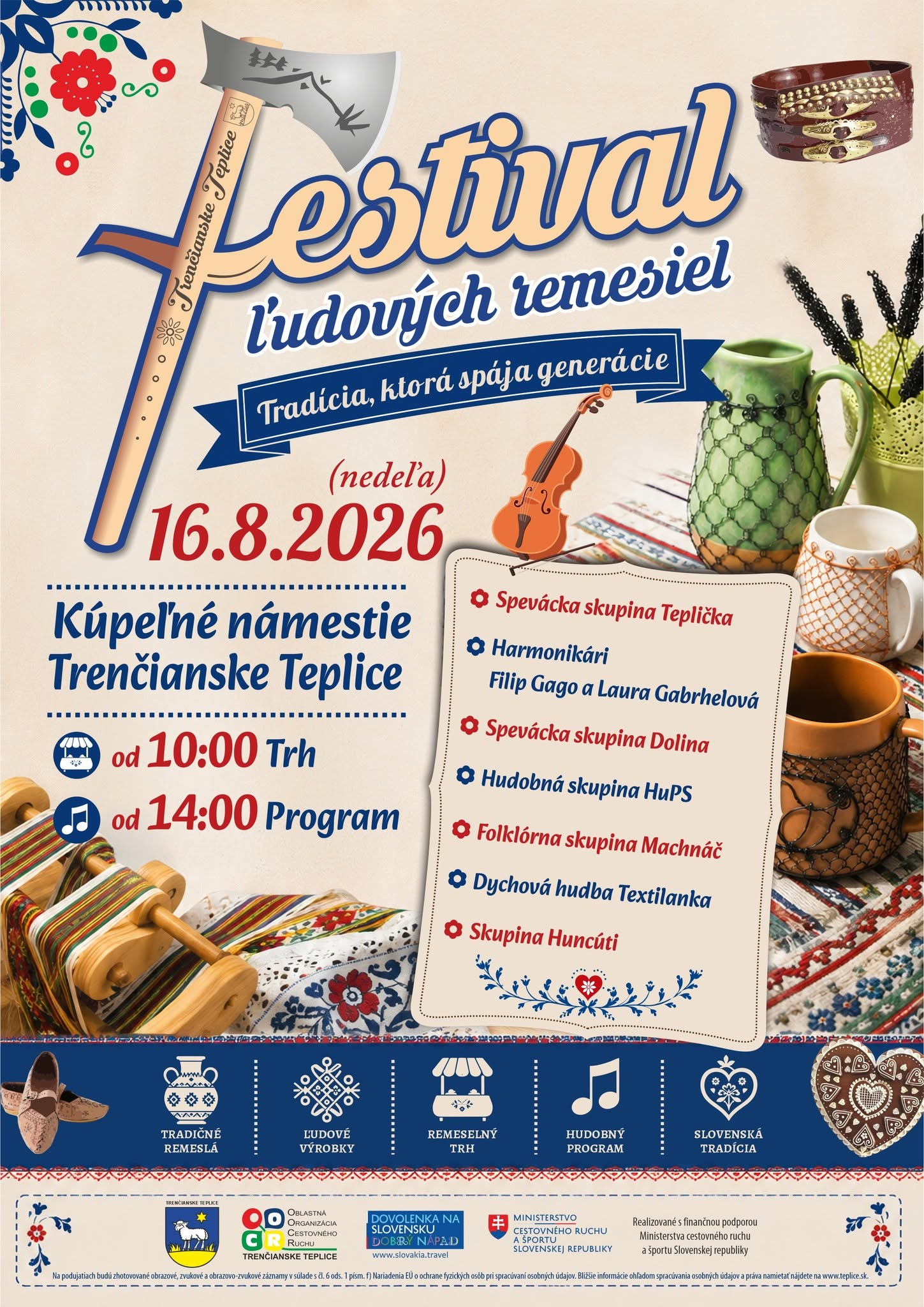 Festival ľudových remesiel 2026 na Kúpeľnom námestí v Trenčianskych Tepliciach prinesie remeselný trh, folklórny program, ľudovú hudbu a tradičné výrobky.