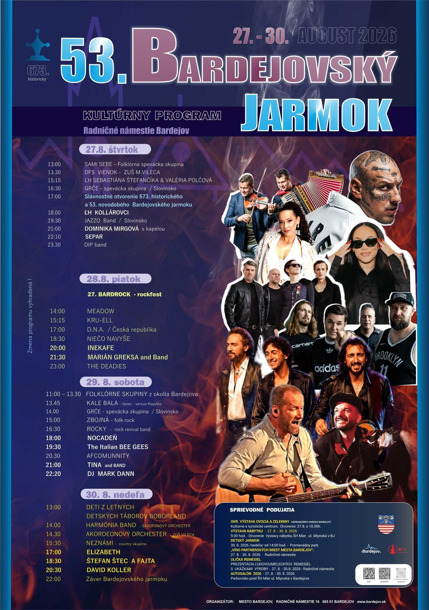 Bardejovský jarmok 2026 sa uskutoční od 27. do 30. augusta na Radničnom námestí a prinesie koncerty, folklór, remeslá, Bardrock a jarmočnú atmosféru.