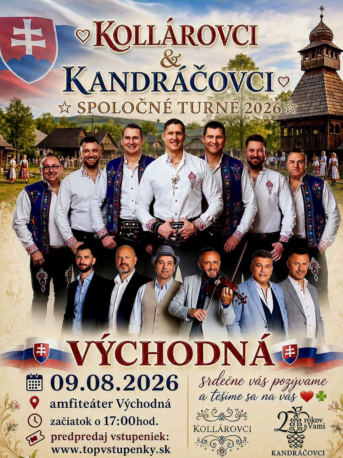 Kollárovci & Kandráčovci vo Východnej 2026 vystúpia 9. augusta v Amfiteátri Východná s koncertom plným ľudovej hudby, folklórnej atmosféry a známych piesní.