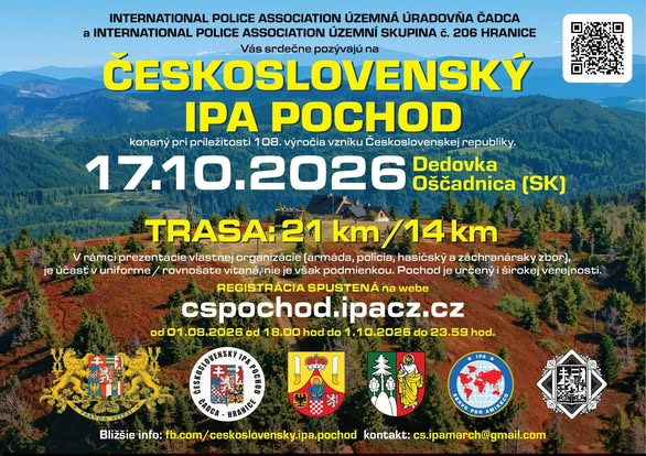 Československý IPA pochod 2026 sa uskutoční 17. októbra na Dedovke v Oščadnici a ponúkne turistické trasy 21 km a 14 km pri príležitosti výročia vzniku Československej republiky.