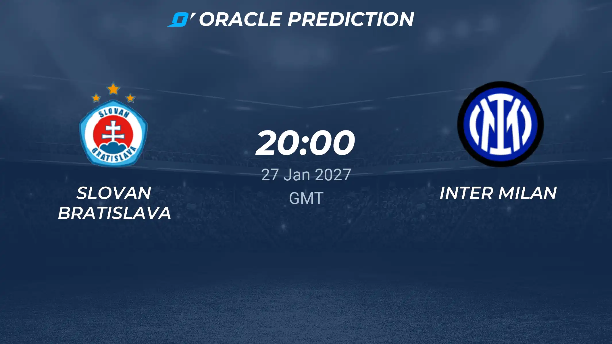 Plagát zápasu Ligy majstrov medzi ŠK Slovan Bratislava a FC Inter Miláno, ktorý sa uskutoční 27. januára 2027 o 21:00 na Tehelnom poli v Bratislave.