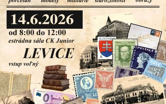 Zberateľská burza v Leviciach zameraná na známky, pohľadnice, mince, bankovky, knihy, platne, porcelán, starožitnosti a ďalšie zberateľské predmety.