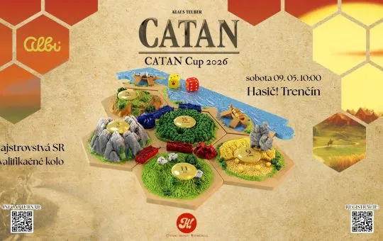 Cup 2026 s herným plánom Catan, dátumom 9. mája, časom 10:00 a miestom Hasič! Trenčín.
