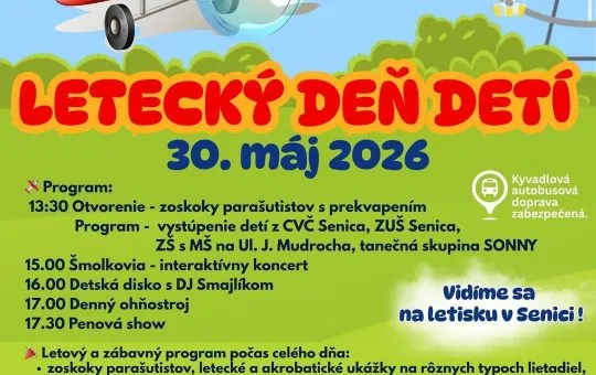 Letecký deň detí v Senici pozýva rodiny na letecké ukážky, zoskoky parašutistov, detský program, atrakcie a zábavu na letisku.