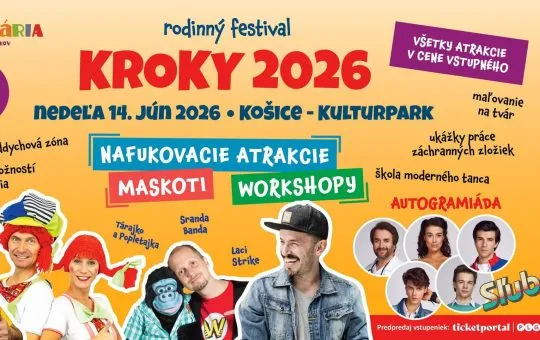 Rodinný festival Kroky 2026 v Košiciach ponúka deťom a rodičom nafukovacie atrakcie, workshopy, maskotov, mini ZOO, autogramiádu a zábavný program.