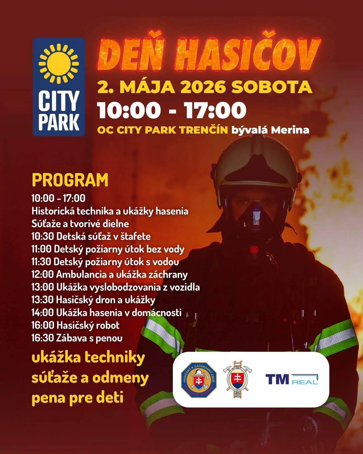 Deň hasičov v OC City Park Trenčín s ukážkami hasenia, historickou technikou, záchranou, hasičským dronom, robotom, súťažami a penou pre deti.