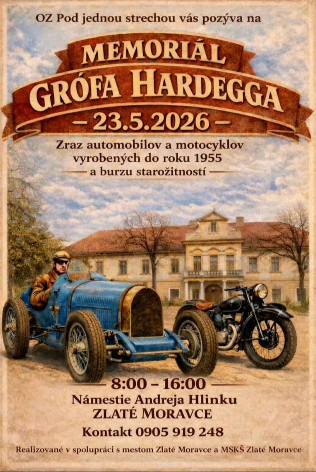 Memoriál grófa Hardegga v Zlatých Moravciach so zrazom automobilov a motocyklov vyrobených do roku 1955 a burzou starožitností.