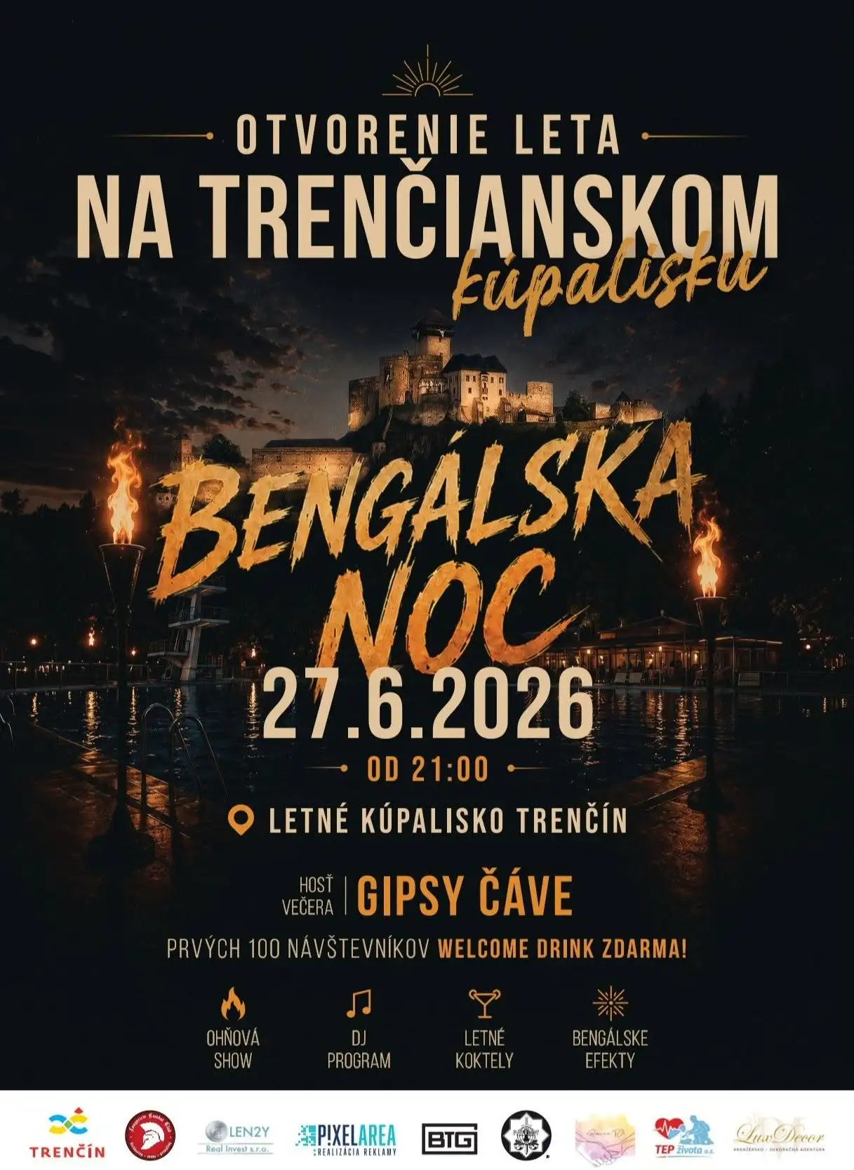 Bengálska noc 2026 prinesie otvorenie leta na Letnom kúpalisku v Trenčíne s hudbou, ohňovou show a večerným programom.