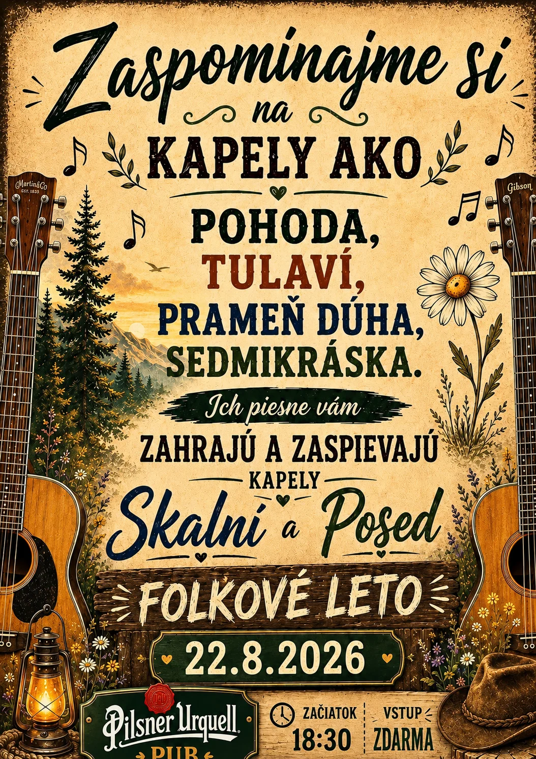 Folkové leto 2026 prinesie spomienkový hudobný večer s piesňami kapiel Pohoda, Túlaví, Prameň dúha a Sedmikráska.