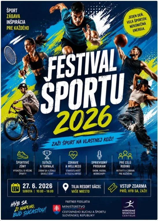 Festival športu 2026 prinesie športové zóny, súťaže, turnaje, wellness aktivity, sprievodný program a zábavu pre rodiny.