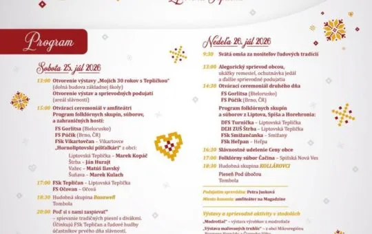 Folklórne slávnosti pod Kráľovou hoľou 2026 prinesú folklór, kroje, remeslá, Kollárovcov, výstavy a tradície.