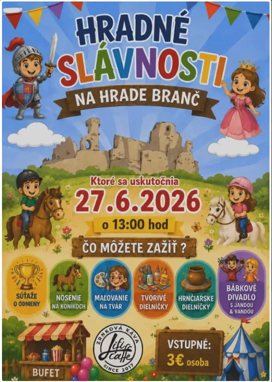 Hradné slávnosti na hrade Branč 2026 prinesú rozprávkový program, súťaže, tvorivé dielničky, koníky a divadlo pre deti.