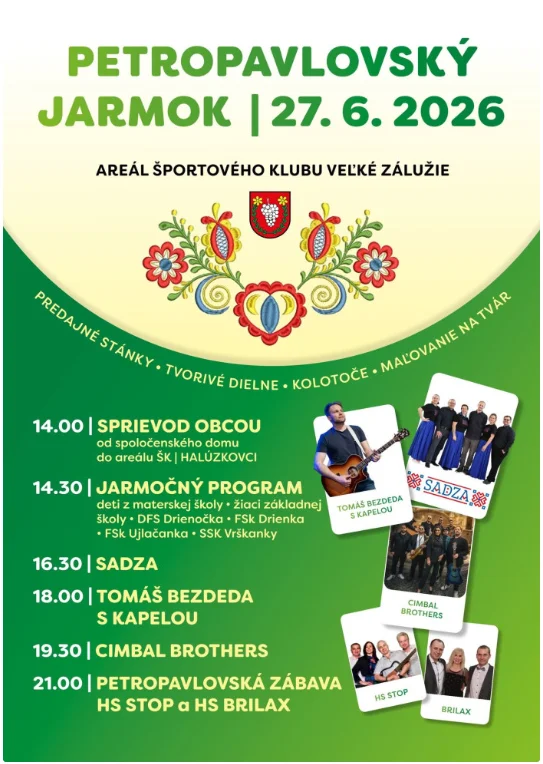 Petropavlovský jarmok 2026 vo Veľkom Záluží prinesie folklór, koncerty, futbalový turnaj, stánky, kolotoče a program pre deti.