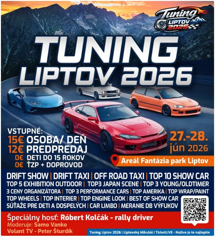 Tuning Liptov 2026 prinesie upravené autá, drift show, drift taxi, offroad taxi, súťaže, Show & Shine a motoristický program.