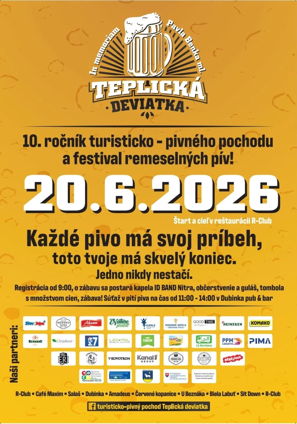 Teplická deviatka 2026 v Trenčianskych Tepliciach prinesie turisticko-pivný pochod, remeselné pivá, hudbu a tombolu.