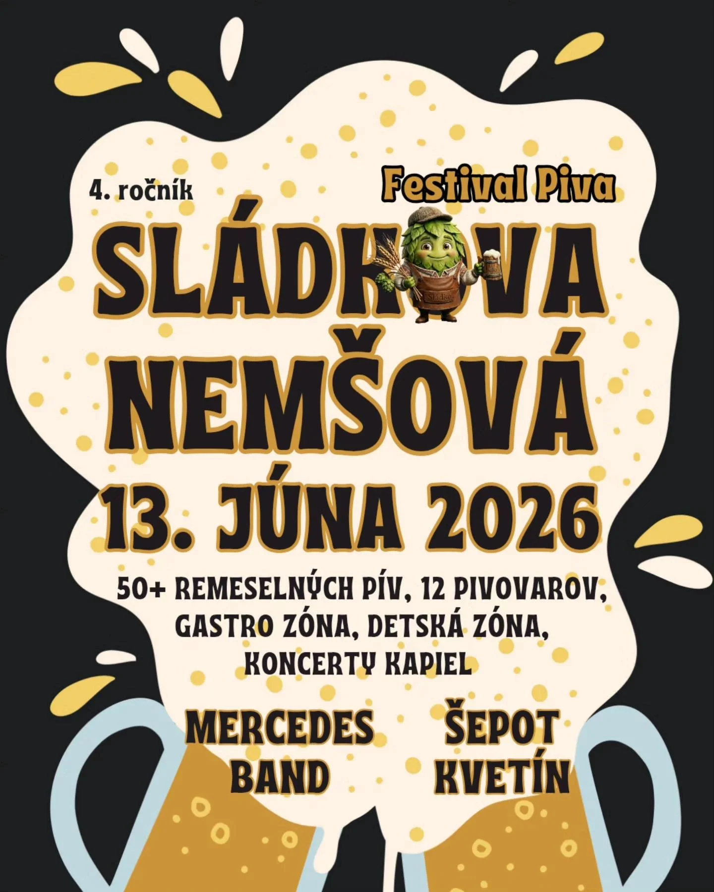 Festival piva Sládkova Nemšová 2026 v Nemšovej s ponukou remeselných pív, gastro zónou, detskou zónou a koncertmi kapiel Mercedes Band a Šepot kvetín.