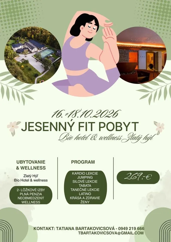 Jesenný fit pobyt pre ženy 2026 v Bio Hoteli Zlatý Hýľ ponúkne cvičenie, wellness, plnú penziu a oddych v prírode.