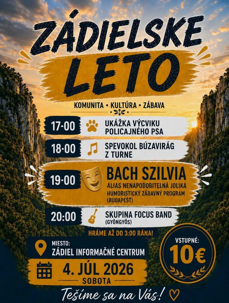 Zádielske leto 2026 prinesie hudbu, humoristický program, ukážku policajného psa, občerstvenie a zábavu pod holým nebom.