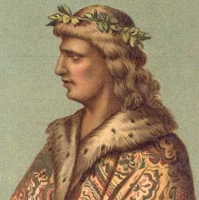 Historické vyobrazenie Mateja Korvína s vavrínovým vencom, dlhými vlasmi a bohato zdobeným kráľovským plášťom.