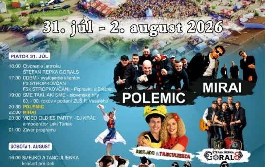 Stropkovský jarmok 2026 prinesie koncerty Polemic, Mirai, Lúčnica a Hex, folklór, remeslá, predajné stánky a sprievodný program.