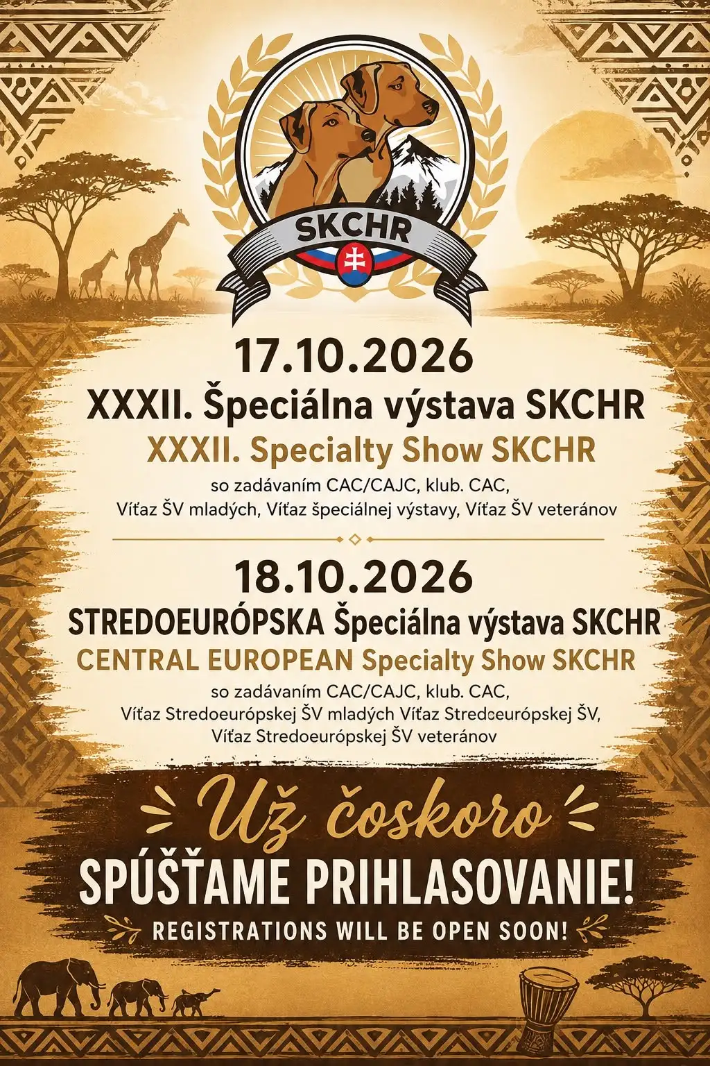XXXII. Špeciálna výstava SKCHR 2026 vo Viničnom prinesie dvojdňovú výstavu rhodézskych ridgebackov s titulmi CAC, CAJC a zahraničnými rozhodcami.