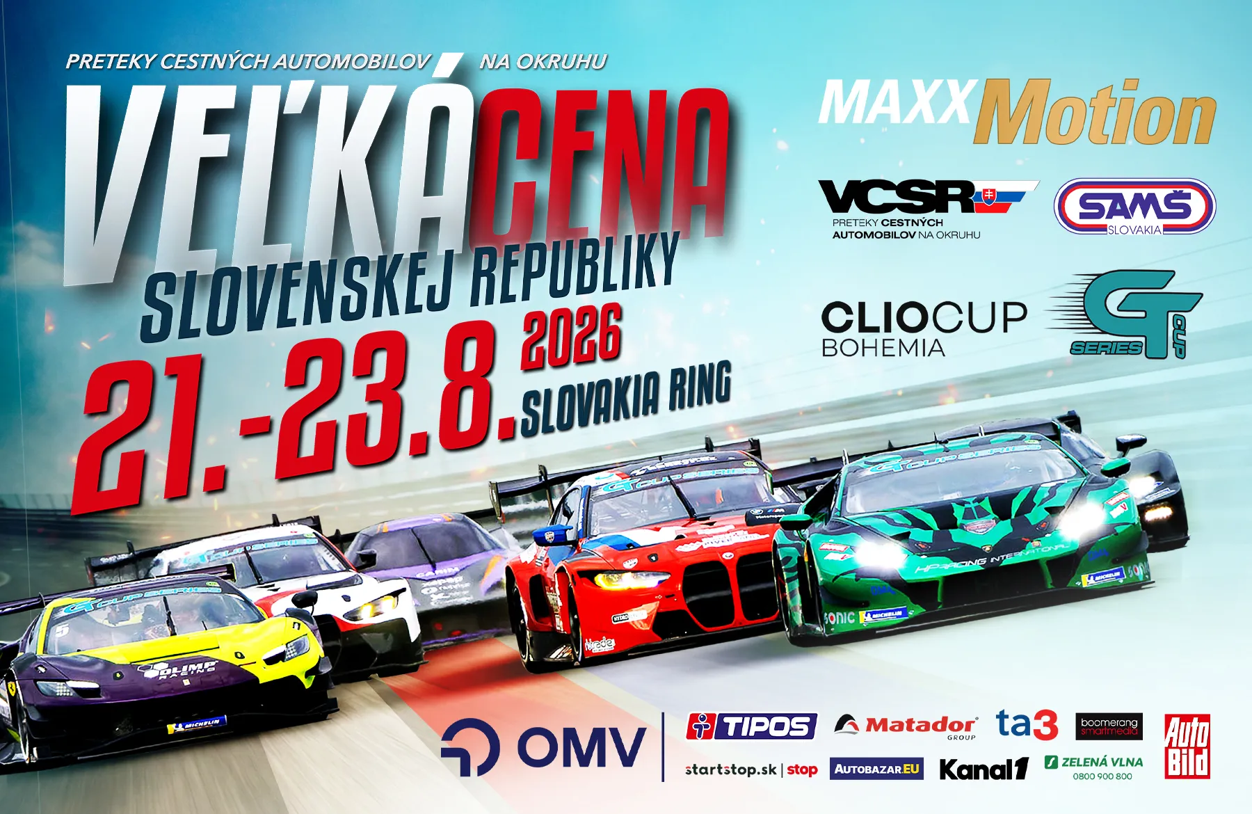 Veľká cena Slovenskej republiky 2026 na Slovakia Ringu prinesie preteky cestných automobilov, GT3 vozidlá, TCR, Clio Cup a rodinný program.