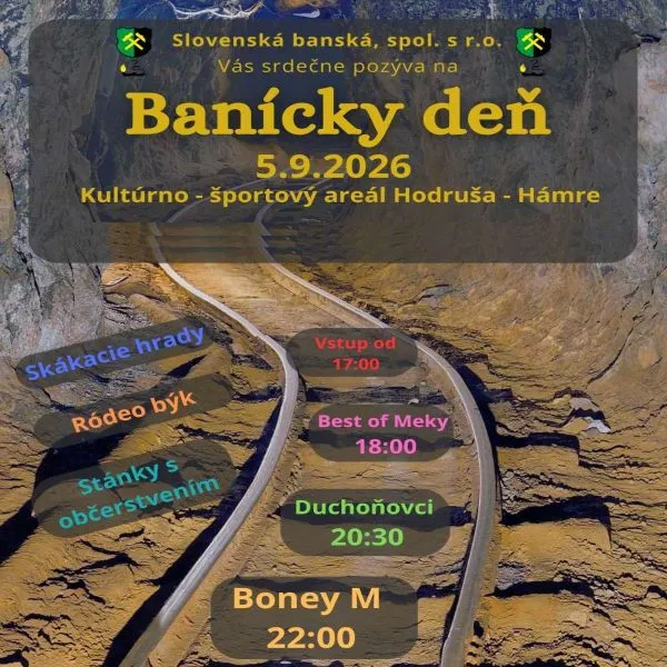 Banícky deň 2026 v Kultúrno-športovom areáli Hodruša-Hámre prinesie koncerty The Best of Meky, Duchoňovcov, Boney M, atrakcie a občerstvenie.