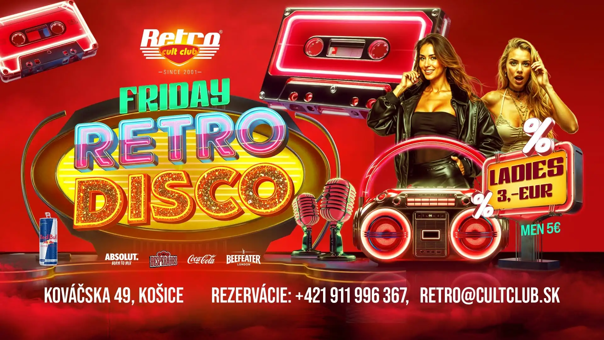 Friday Retro Disco sa koná každý piatok v Retro Cult Clube na Kováčskej 49 v Košiciach a ponúka retro hity, disco, modernú hudbu a dva tanečné parkety.