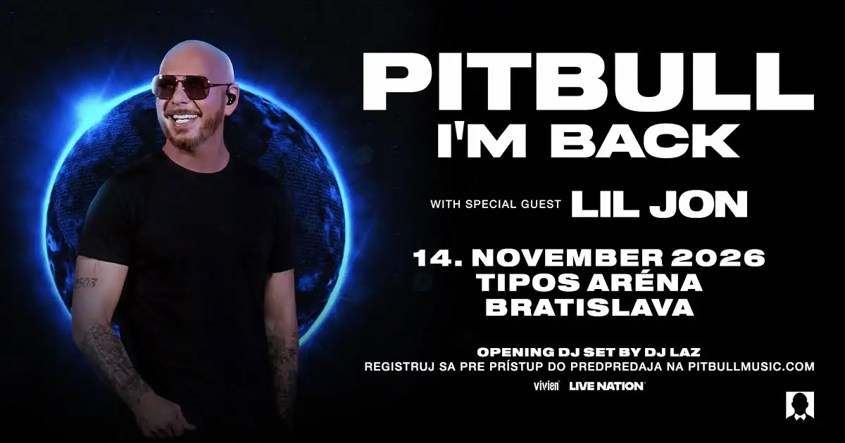 Pitbull vystúpi 14. novembra 2026 v TIPOS Aréne v Bratislave v rámci turné I’m Back so špeciálnym hosťom Lil Jon.