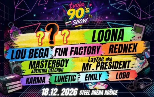 Tvoja 90’s SHOW Košice 2026 sa uskutoční 18. decembra v Steel Aréne a prinesie hity 90. rokov, svetelnú show, laserové efekty a známych interpretov.