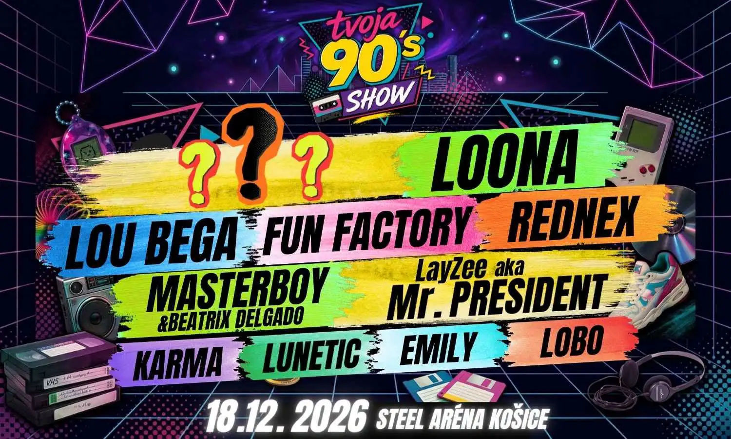 Tvoja 90’s SHOW Košice 2026 sa uskutoční 18. decembra v Steel Aréne a prinesie hity 90. rokov, svetelnú show, laserové efekty a známych interpretov.