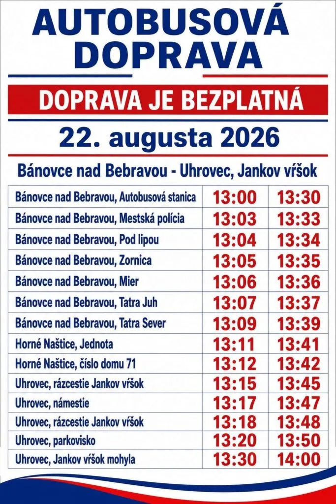 Cestovný poriadok bezplatnej autobusovej dopravy 22. augusta 2026 zo smeru Bánovce nad Bebravou cez Uhrovec na Jankov vŕšok počas krajských osláv SNP.