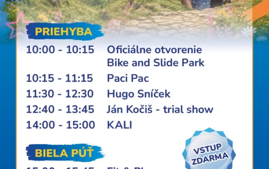Otvorenie Bike & Slide Park Jasná 2026 prinesie program na Priehybe a Bielej Púti, koncert KALI, Paci Pac, detské vystúpenia, trial show a vstup zdarma.