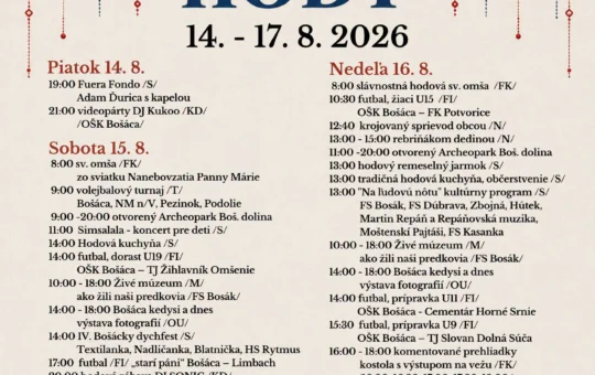 Bošácke hody 2026 sa uskutočnia od 14. do 17. augusta a prinesú koncert Adama Ďuricu, folklórny program, remeselný jarmok, hodovú kuchyňu, šport a lunapark.