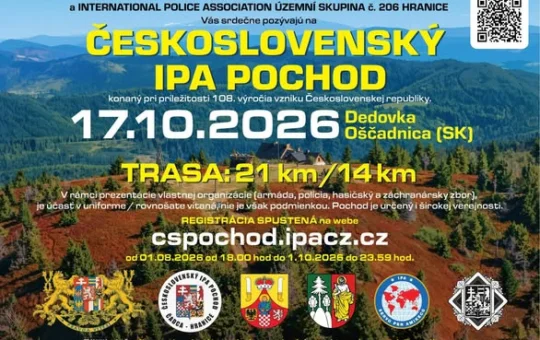 Československý IPA pochod 2026 sa uskutoční 17. októbra na Dedovke v Oščadnici a ponúkne turistické trasy 21 km a 14 km pri príležitosti výročia vzniku Československej republiky.