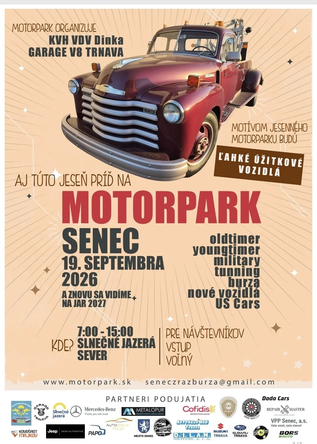 Motorpark Senec 2026 na Slnečných jazerách Sever prinesie stretnutie oldtimerov, youngtimerov, military vozidiel, tuningu, burzu a US cars.
