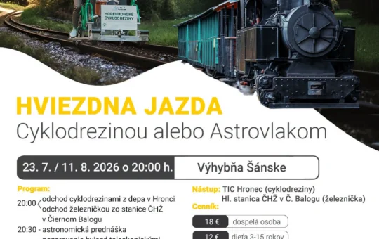 Hviezdna jazda cyklodrezinou alebo Astrovlakom na Horehroní prinesie večerný výlet z Hronca a Čierneho Balogu, astronomickú prednášku, pozorovanie hviezd a piknik pod nočnou oblohou.