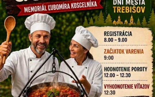Súťaž vo varení guláša 2026 v rámci Dní mesta Trebišov prinesie Memoriál Ľubomíra Koscelníka, registráciu tímov, hodnotenie poroty a hudobnú skupinu Roxor.