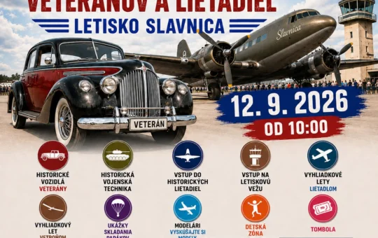 Festival veteránov a lietadiel 2026 na Letisku Slavnica prinesie historické vozidlá, lietadlá, vojenskú techniku, vyhliadkové lety a program pre rodiny.