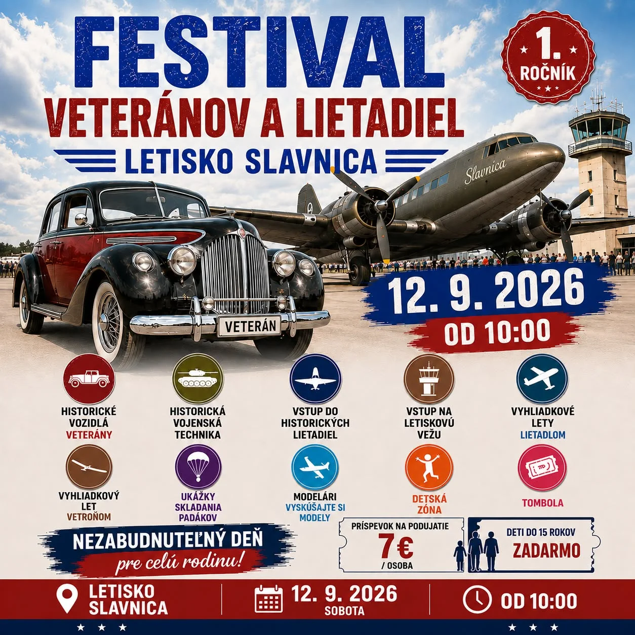 Festival veteránov a lietadiel 2026 na Letisku Slavnica prinesie historické vozidlá, lietadlá, vojenskú techniku, vyhliadkové lety a program pre rodiny.