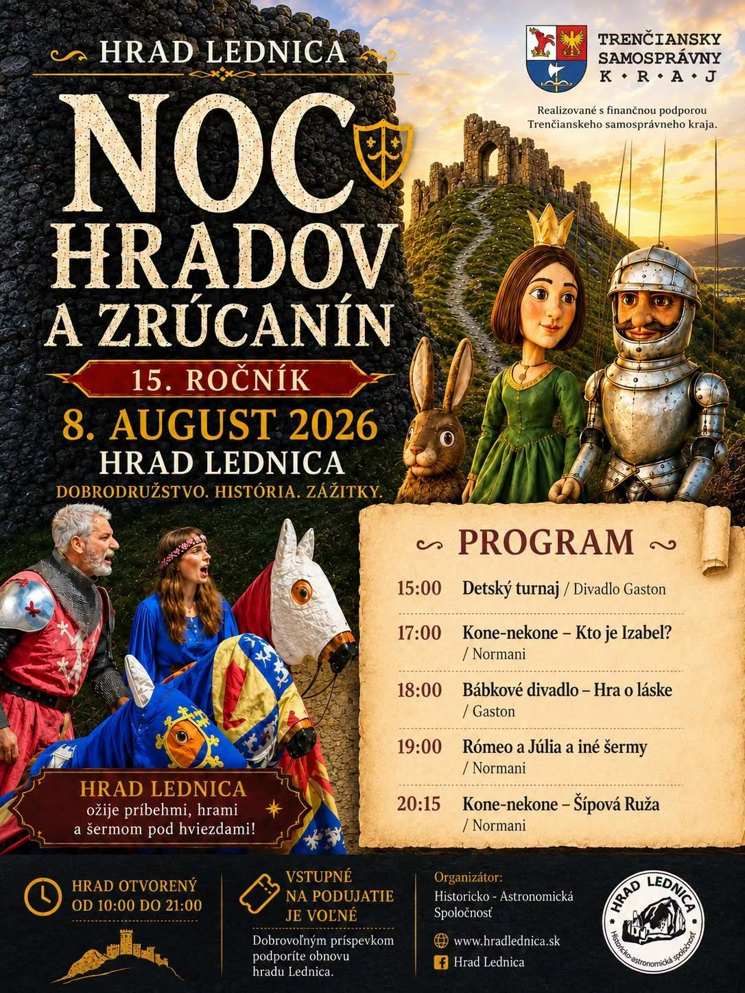 Noc hradov a zrúcanín 2026 na hrade Lednica prinesie historické podujatie s divadlom, šermom, detským turnajom a večernou atmosférou hradu.