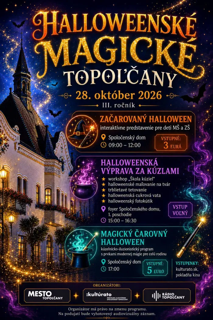 Halloweenské magické Topoľčany 2026 sa uskutoční 28. októbra v Spoločenskom dome a prinesie detský program, kúzla, tvorivé aktivity a magickú show.