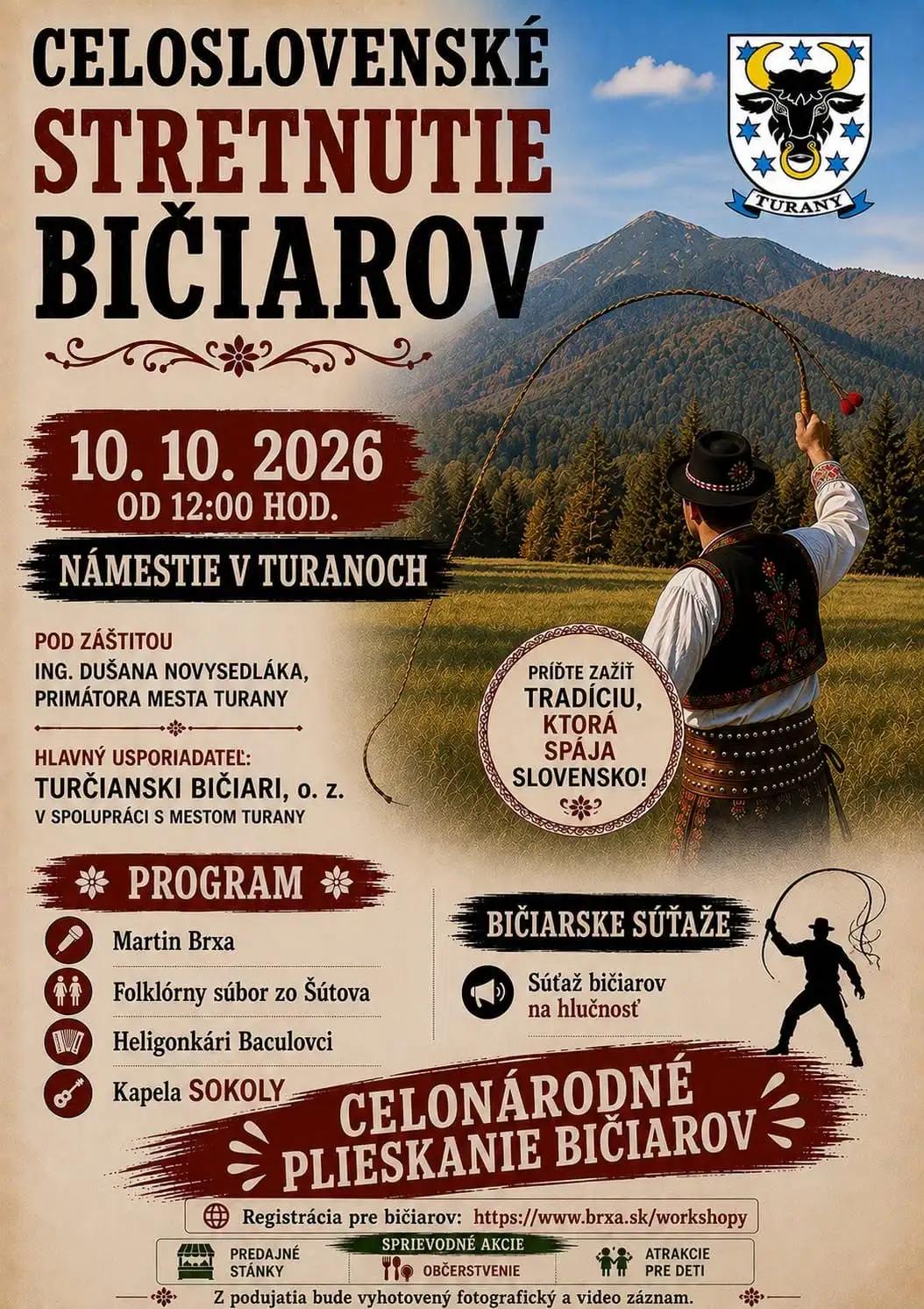 Celoslovenské stretnutie bičiarov sa uskutoční 10. októbra 2026 na námestí v Turanoch a prinesie folklór, hudbu, bičiarske súťaže a sprievodný program.