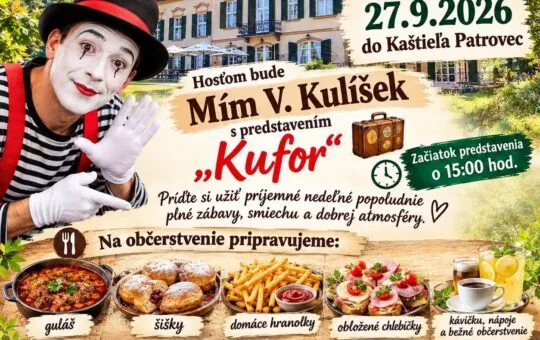Kaštieľ Patrovec pozýva 27. septembra 2026 na nedeľné popoludnie s Mímom V. Kulíškom a predstavením Kufor.