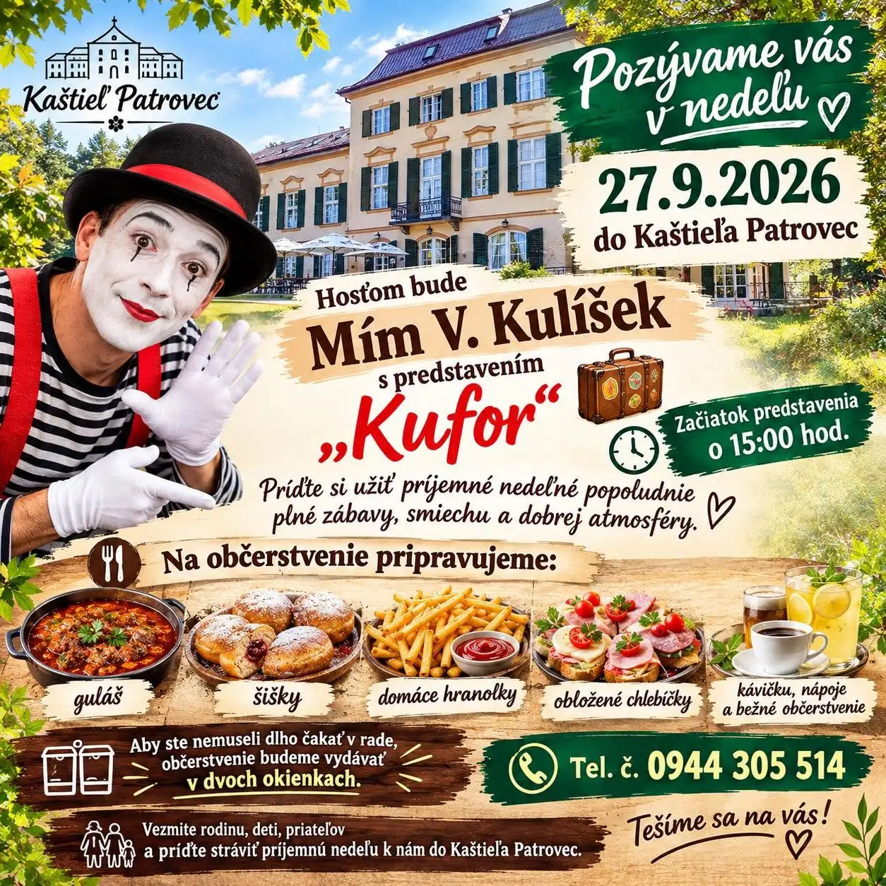 Kaštieľ Patrovec pozýva 27. septembra 2026 na nedeľné popoludnie s Mímom V. Kulíškom a predstavením Kufor.